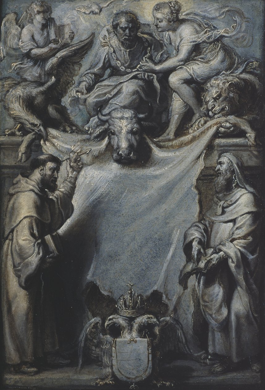 Modello til titelbladet til Corderiuss kommentarer til St. Luke, 1628 (olie på papir på lærred) af Peter Paul Rubens