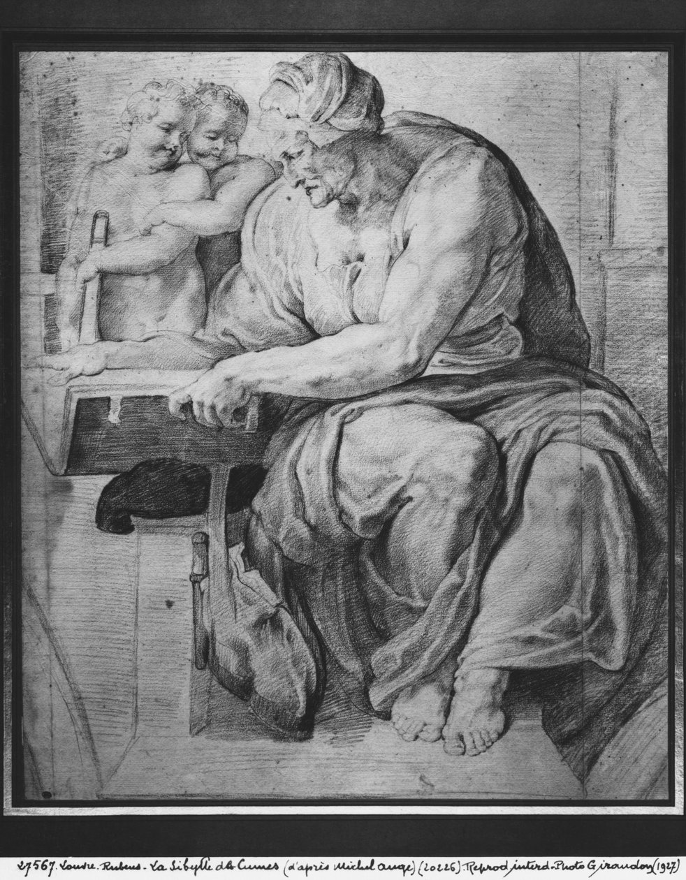 Cumaean Sibyll, efter Michelangelo Buonarroti (1475-1564) (pierre noire og rødt kridt på papir) af Peter Paul Rubens