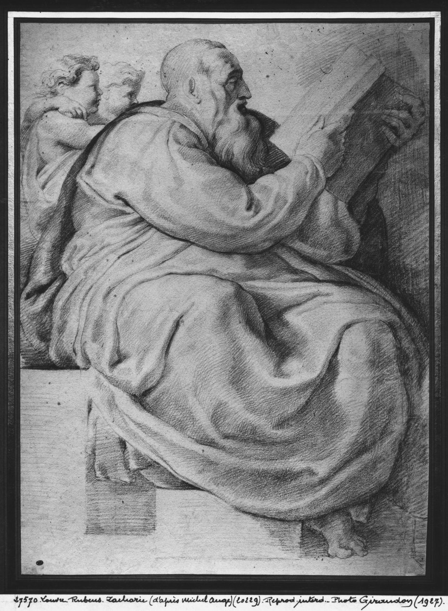 Profeten Zacharias, efter Michelangelo Buonarroti (1475-1564) (pierre noire og rødt kridt på papir) af Peter Paul Rubens