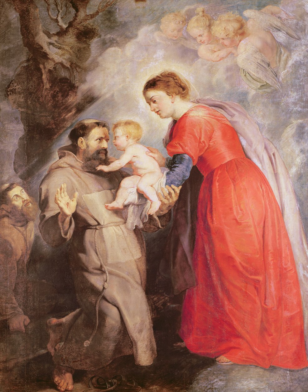 Jomfruen præsenterer spædbarnet Jesus til Saint Francis, 1618 af Peter Paul Rubens