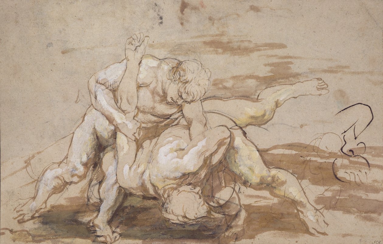 Two Men Wrestling (kul, pen og blæk med vask på papir) af Peter Paul Rubens