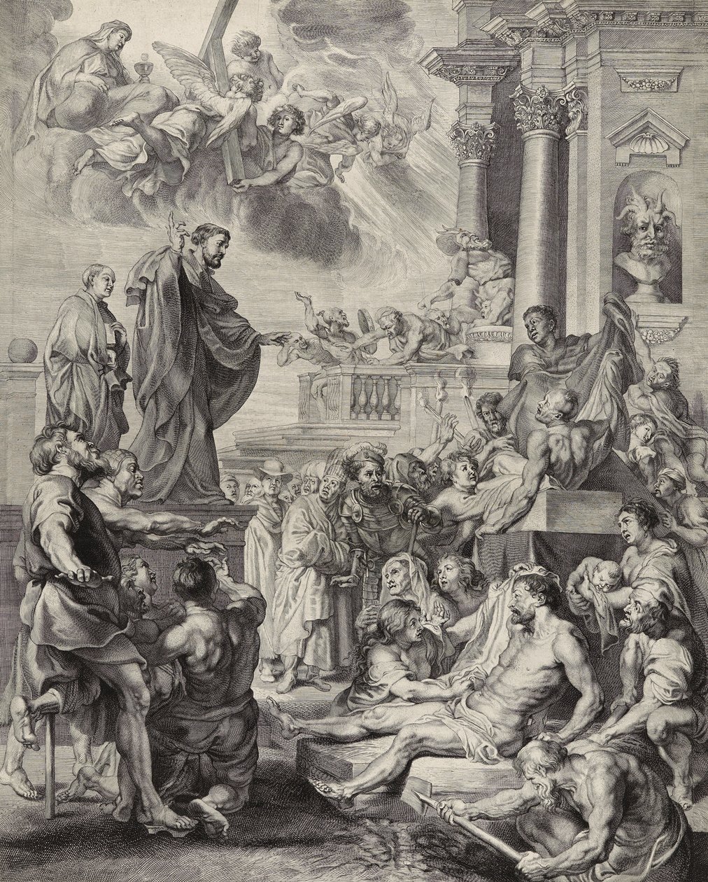 Mirakel af Sankt Frans Xavier; Saint Francis Xavier genopliver en død person (gravering på lagt papir) af Peter Paul after Rubens