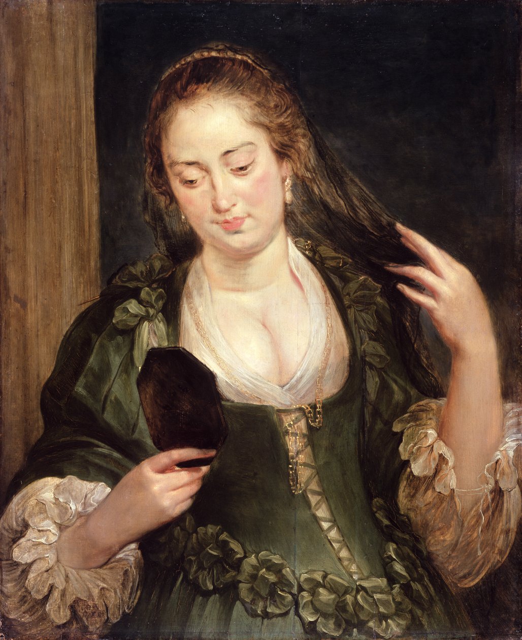 Pige med spejl (olie på eg) af Follower of Peter Paul Rubens