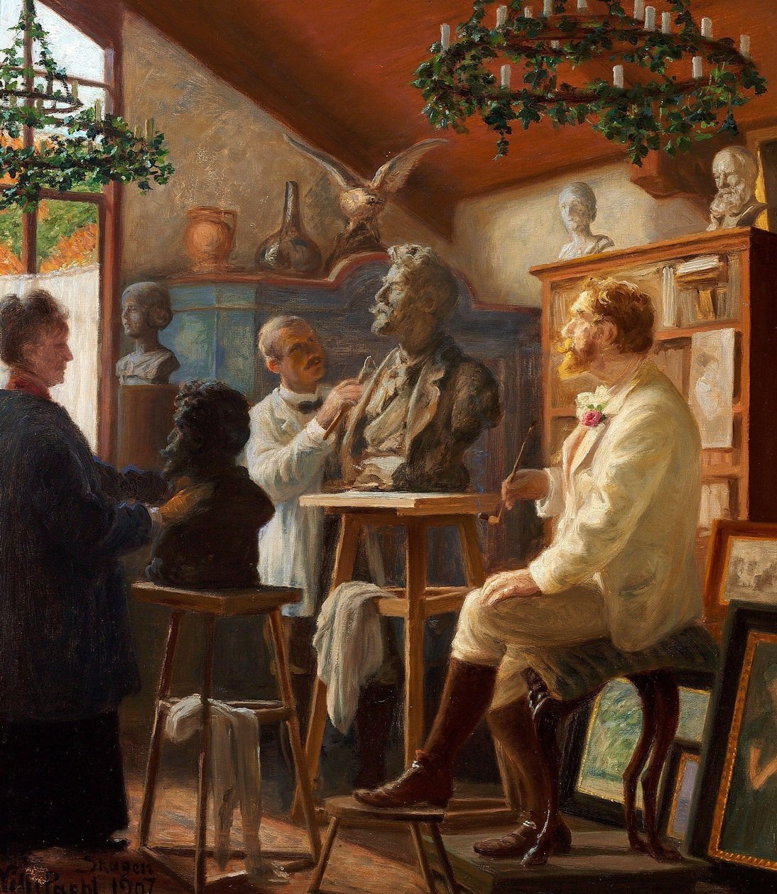 Maleren Krøyer modeleres i sit Atelier paa Skagen af Peder Severin Krøyer