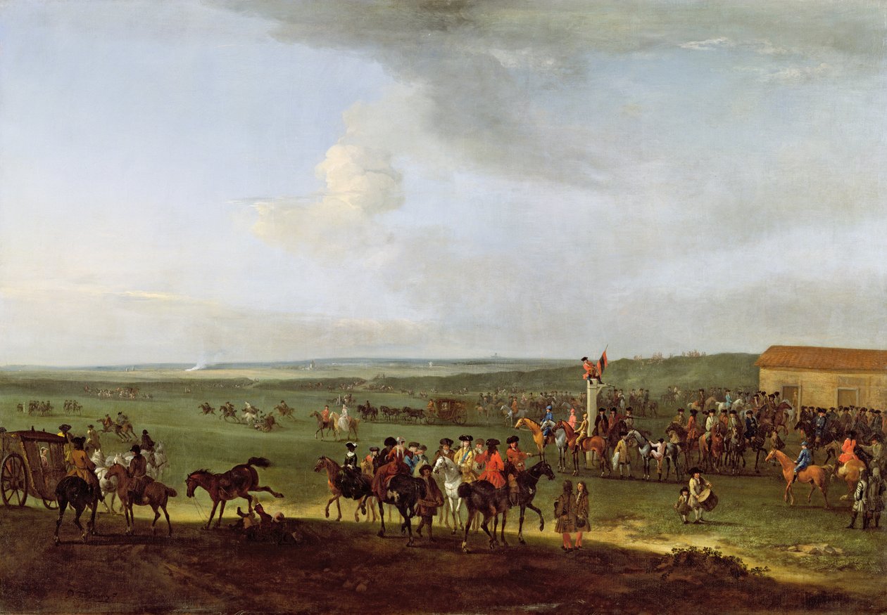 The Round Course at Newmarket, Forberedelse til Kongens Plade, c.1725 af Peter Tillemans