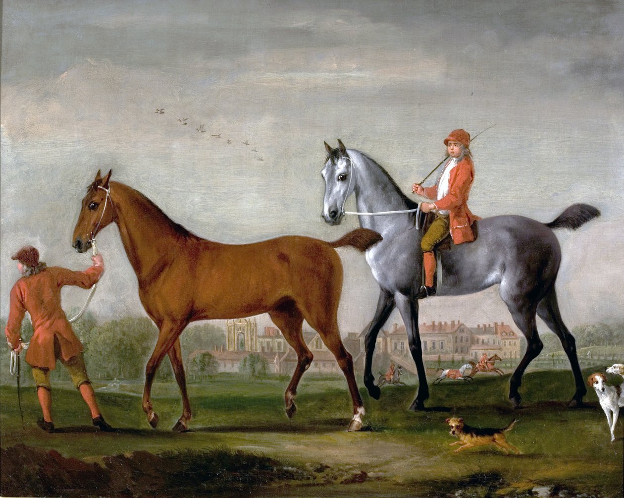 To væddeløbsheste med gomme og hunde i parken ved Newstead Abbey, Nottinghamshire, 1724 af Peter Tillemans