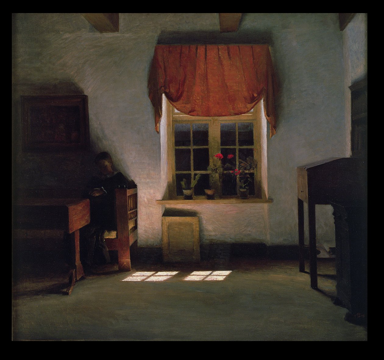 Kvinde læser i et solbeskinnet interiør af Peter Vilhelm Ilsted
