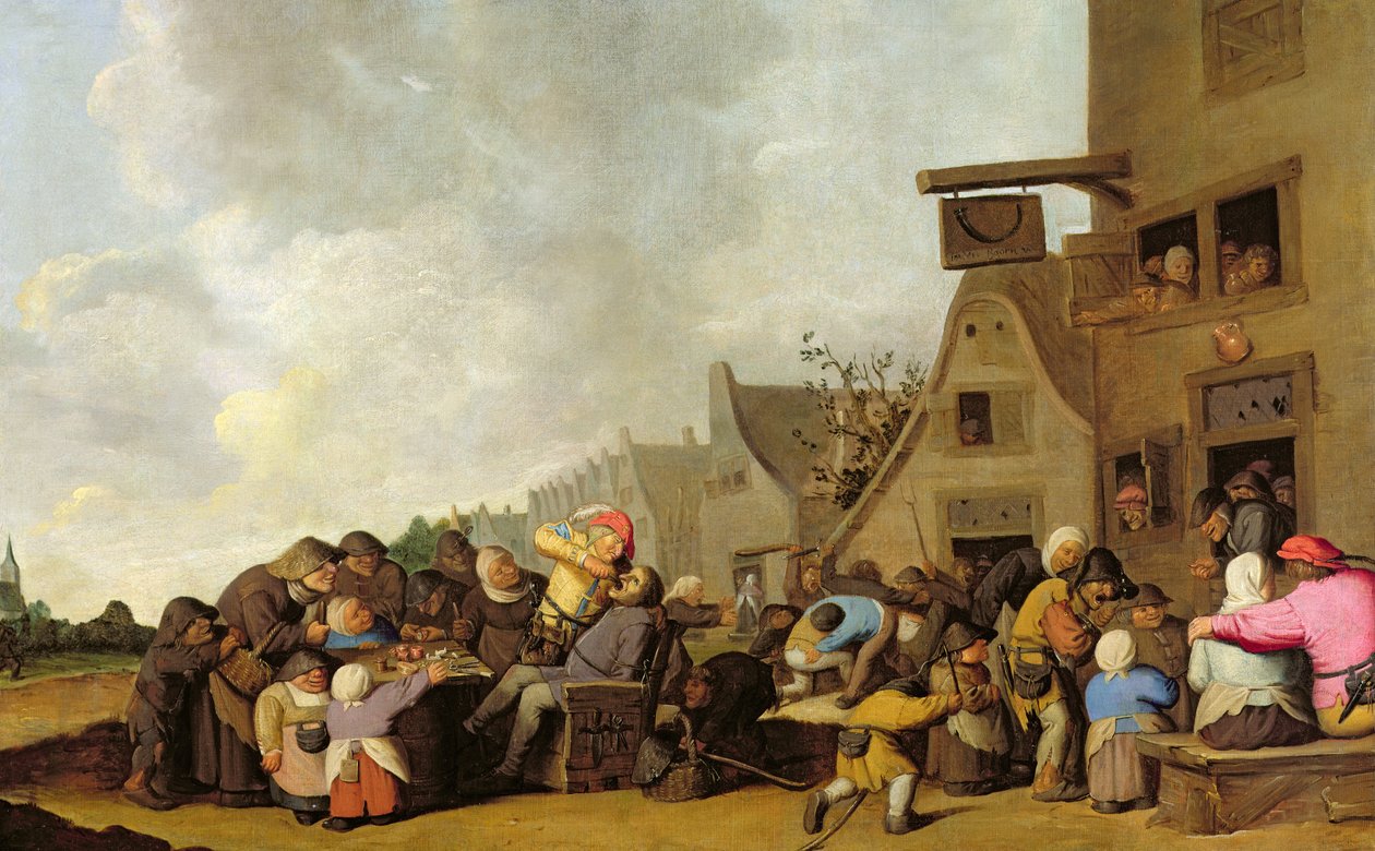 En landsbyscene med en tandlæge, der trækker tænder, og bønder, der kæmper uden for et værtshus, ca. 1630-40 af Peter de Bloot