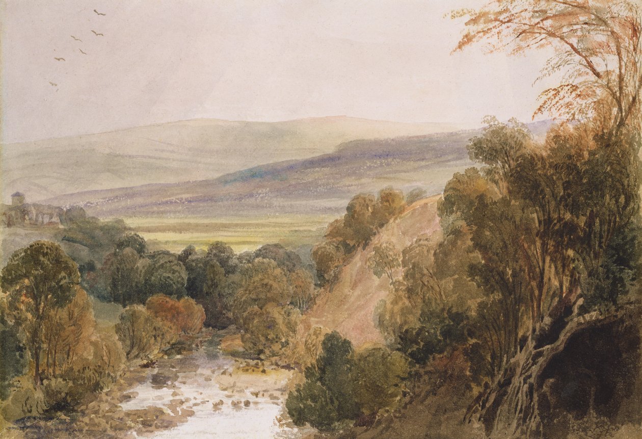 A View on the River Wharfe, nær Bolton, Yorkshire (wc på papir) af Peter de Wint