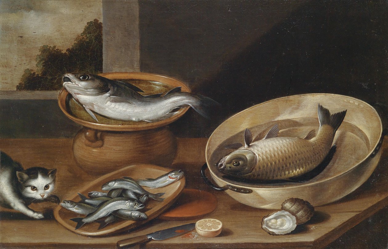 fisk stilleben med kat af Peter van Boucle