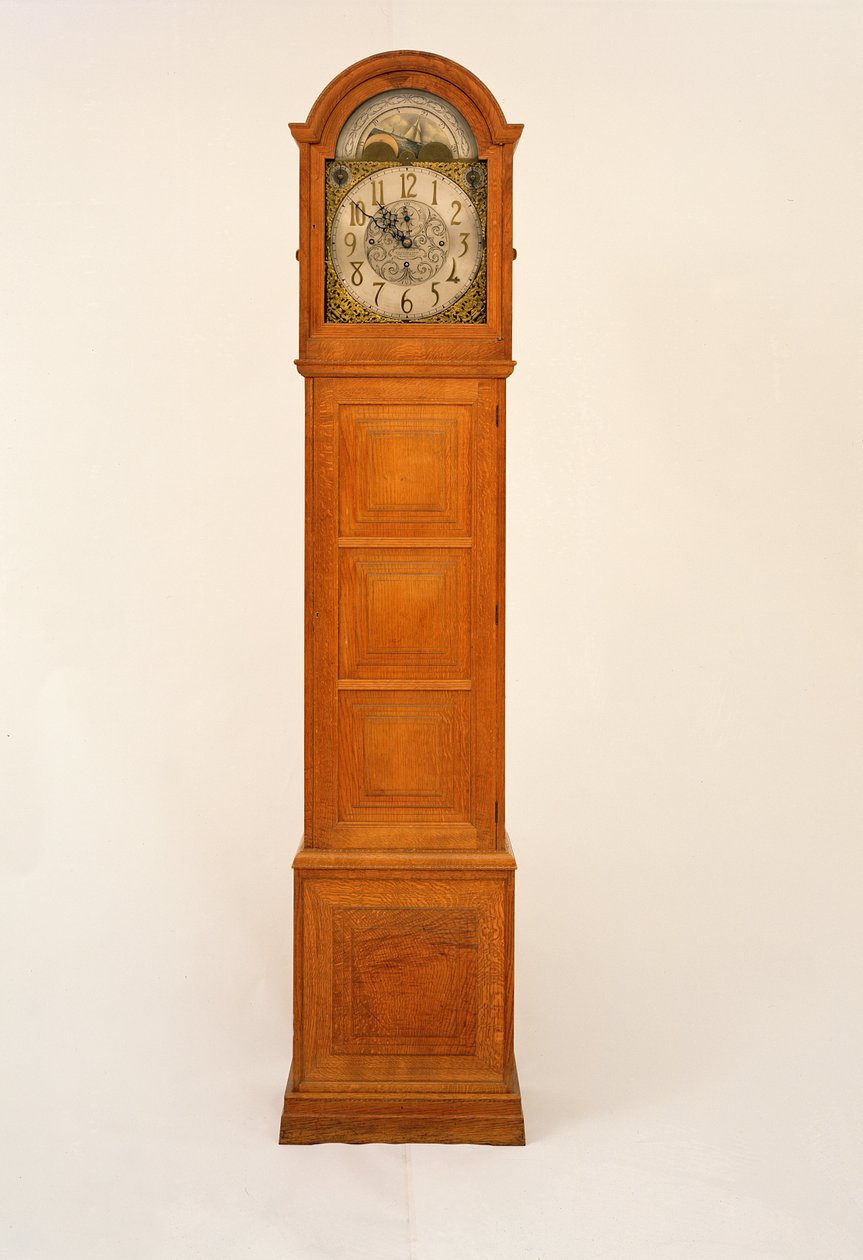 Longcase ur designet af Peter Waals (1870-1937), med paneler af Norman Jewson (1884-1975), urværk af W.E. Evans, Birmingham, 1931 (eg, messing og emalje) af Peter van der Waals