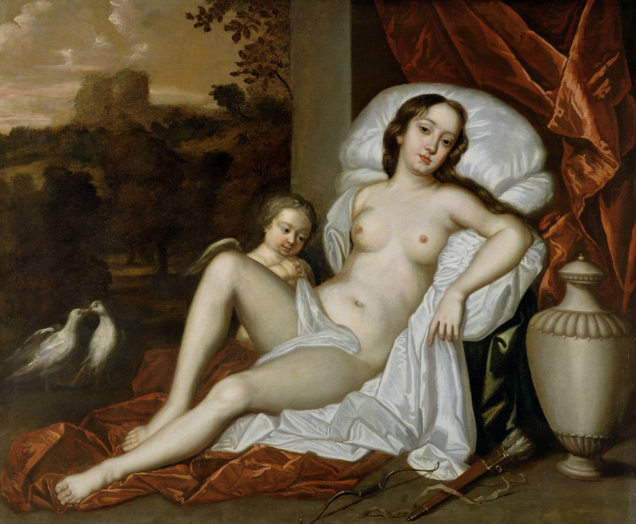 Portræt af Nell Gwynne (1650-87) som Venus, med hendes søn, Charles Beauclerk (1670-1726), som Amor (olie på lærred) af Peter (follower of) Lely