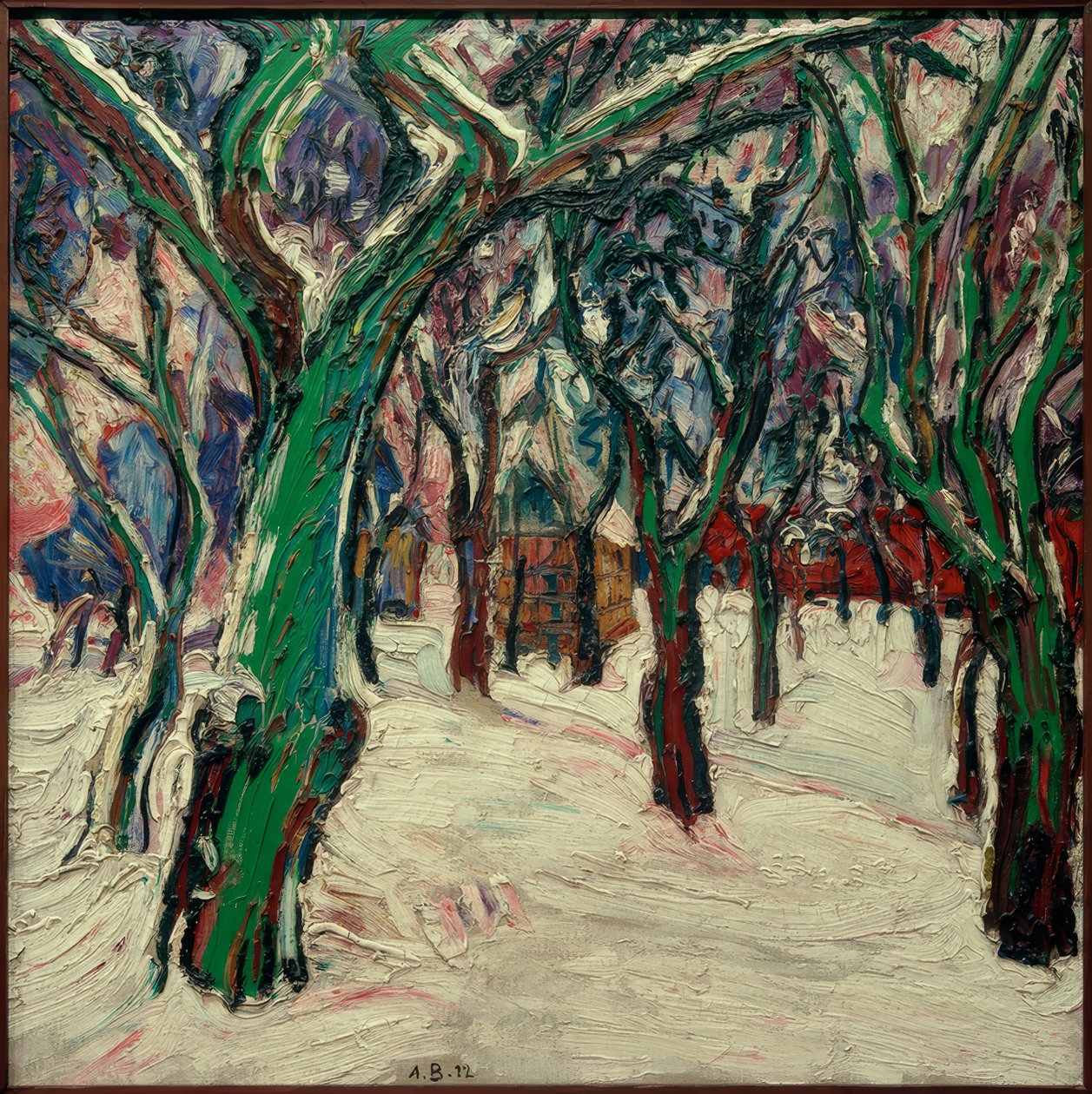 Vinterbillede med bondehuse (Parkweg om vinteren) af Peter August Böckstiegel