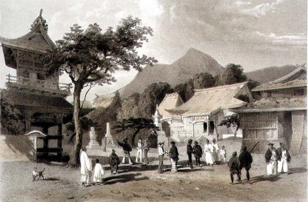 Høvdingetemplet, Hakodadi, fra "Narrative of the Expedition of an American Squadron to the China Seas and Japan", udgivet af Sarony & Co. af Peter Bernhard Wilhelm (after) Heine