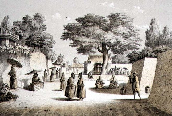 Gade i Napha, Lew Chew, indgraveret af T. Sinclair (tonet litho) af Peter Bernhard Wilhelm (after) Heine