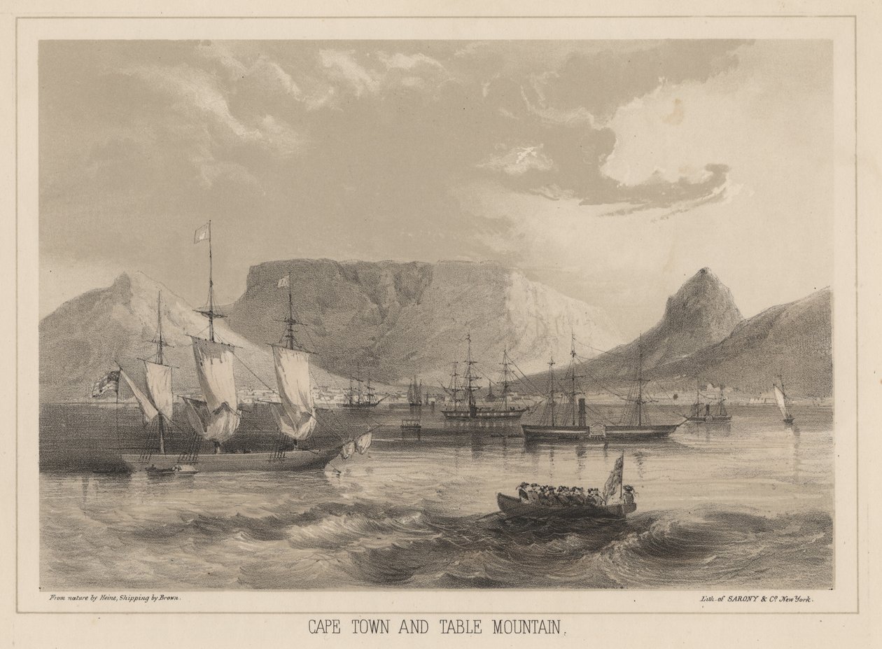 Cape Town og Taffelbjerget, litografi af Sarony und Co. 1855 (chromolitho) af Peter Bernhard Wilhelm Heine