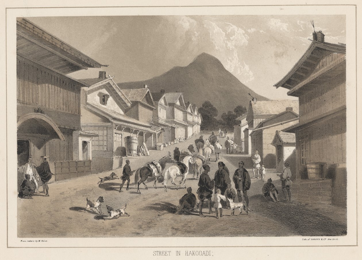 Gade i Hakodadi, litho af Sarony und Co., 1855 (chromolitho) af Peter Bernhard Wilhelm Heine