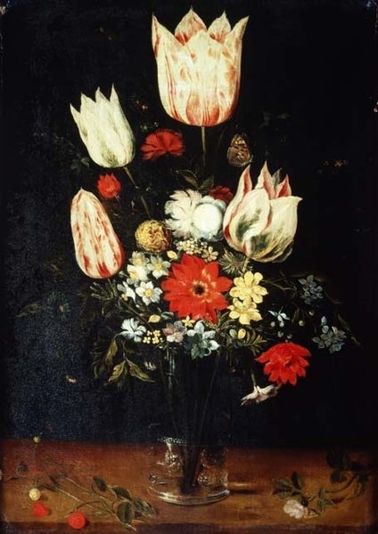 Blomster i en glasvase på en afsats af Peter Binoit