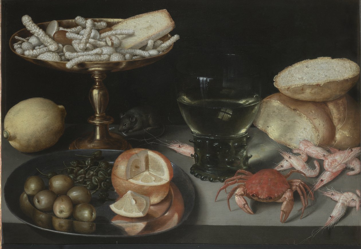 Stilleben med frugt, slik, krebsdyr, et glas og en mus, ca. 1620 af Peter Binoit