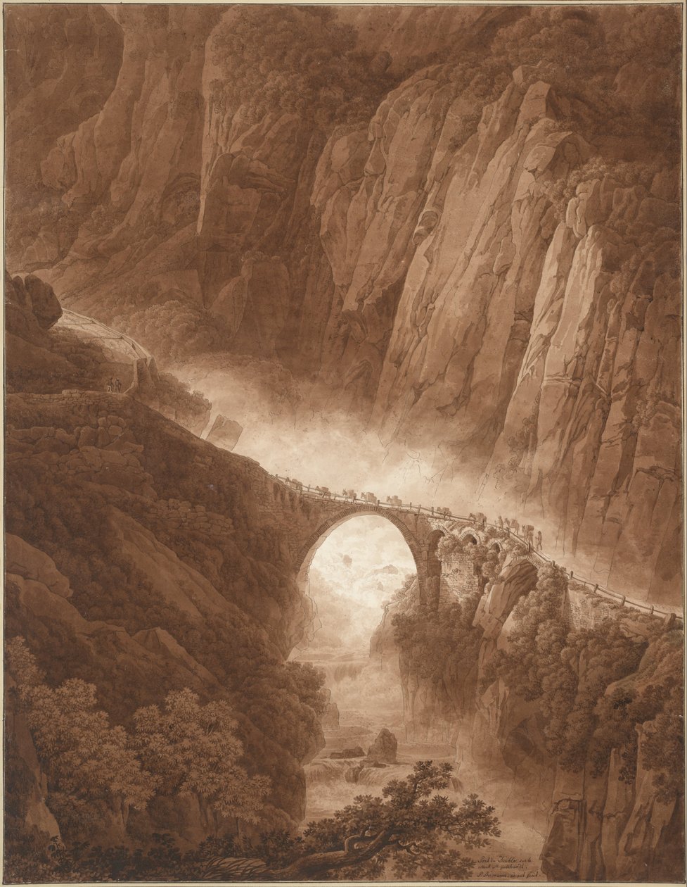 Djævlebroen i Schöllenens kløft på vej over St. Gotthard-passet med et muldyrtog af Peter Birmann