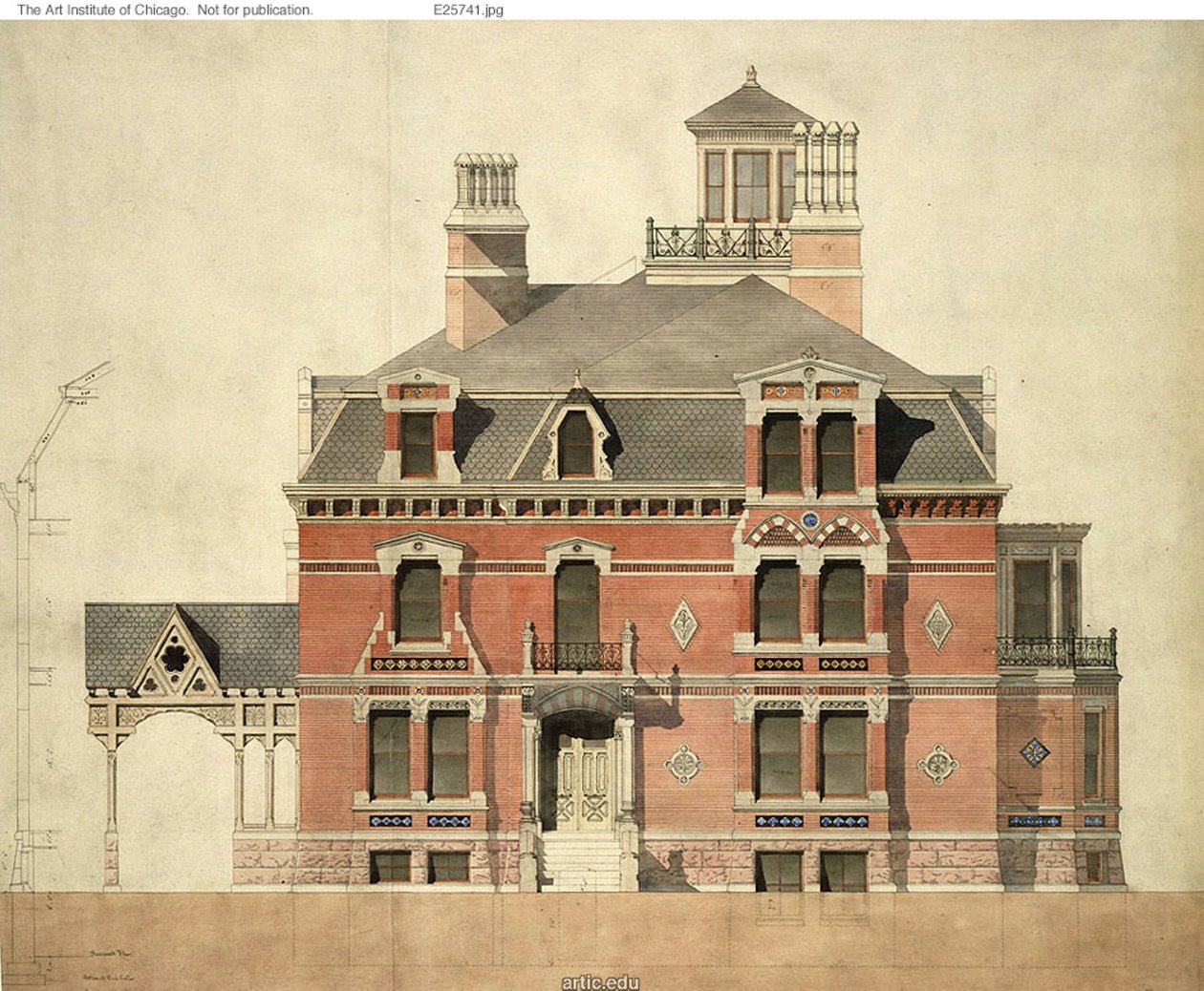 Eliphalet W. Blatchford House, Chicago, Illinois, LaSalle Street Elevation and Partial Section af Peter Bonnett Wight