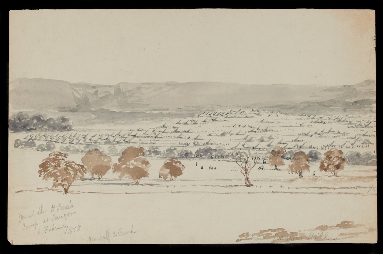 General Sir Hugh Rose S Camp i Saugor, 6. februar 1858 (tegning) af Peter Charles William