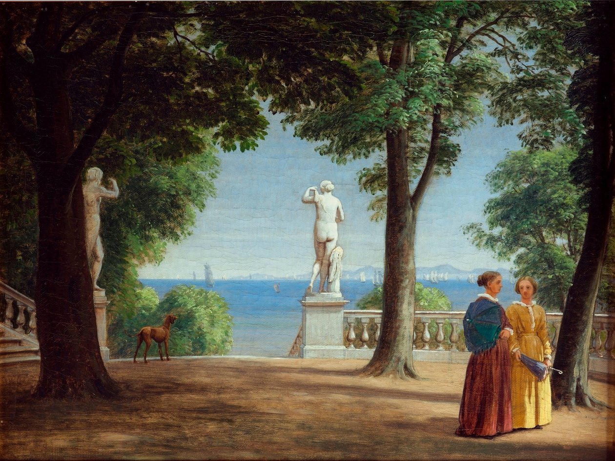 Udsigt mod Kullen fra en haveterrasse med statuer (olie på lærred) af Peter Christian Skovgaard