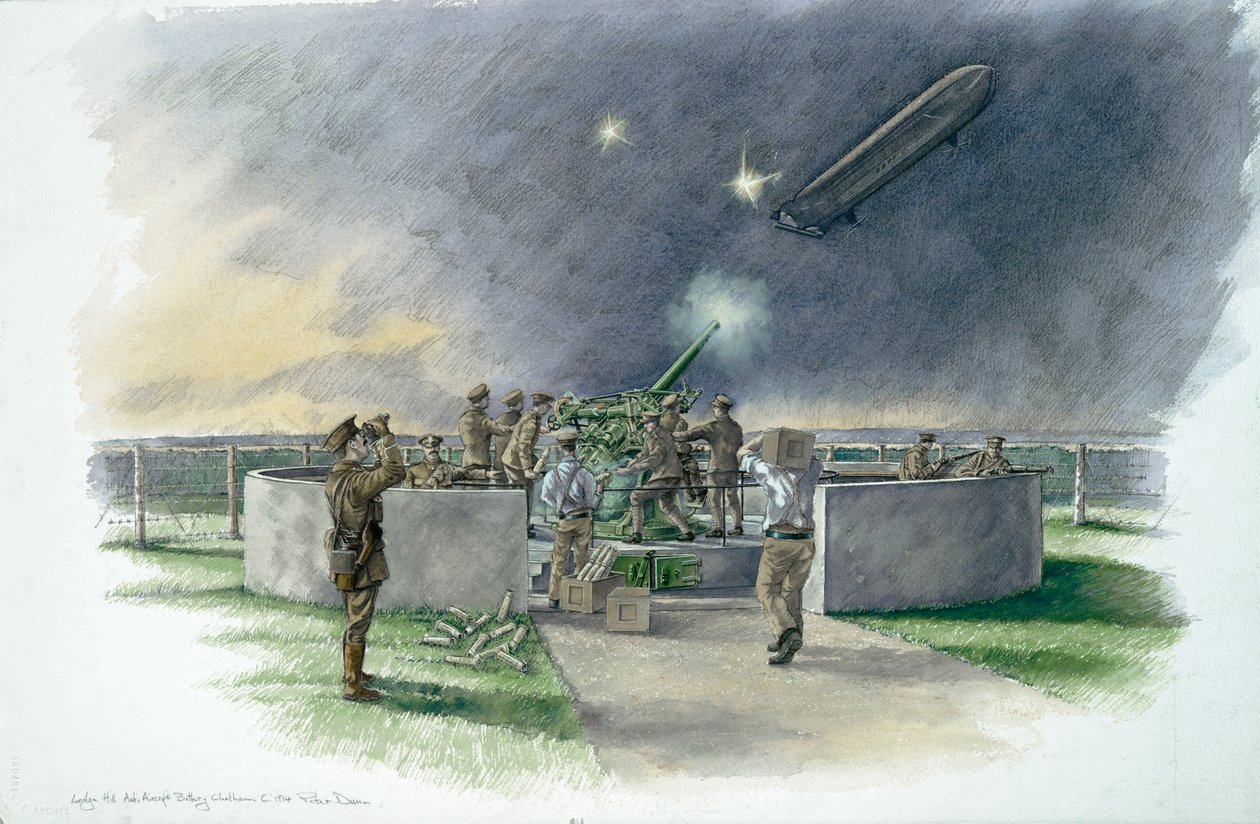 Lodge Hill Battery, skyder mod tysk zeppelin under Første Verdenskrig, c1910