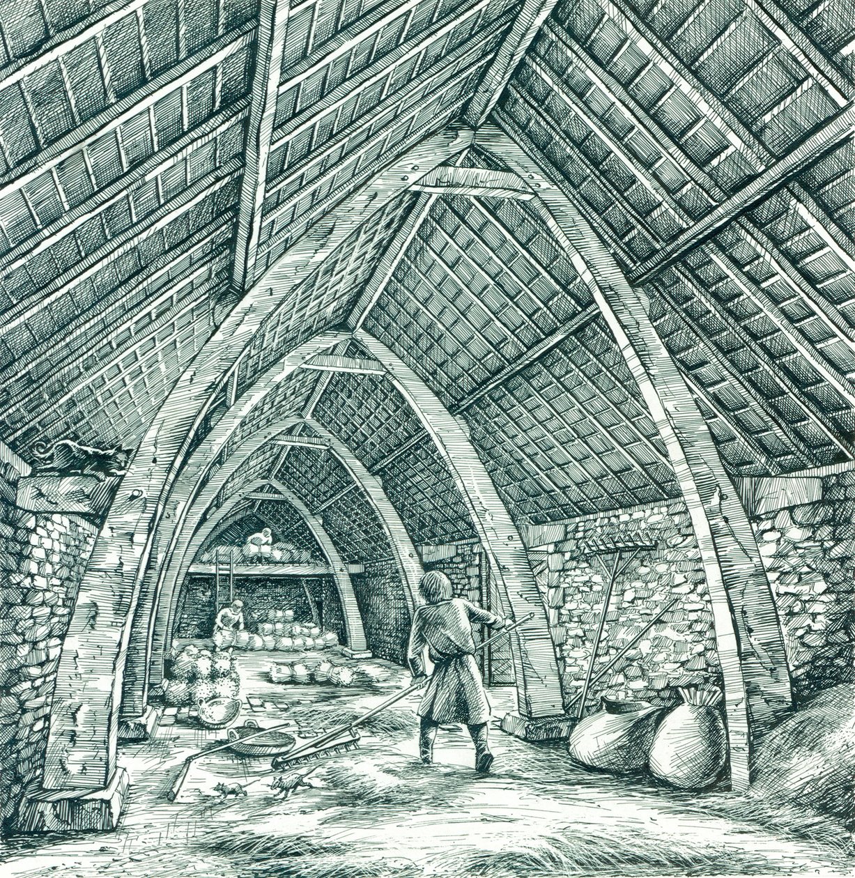 Middelalderlig præstegårdslade, Wharram Percy, North Yorkshire, c1988-c2005. af Peter Dunn