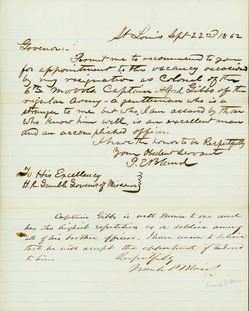 Brev signeret P.E. Bland, St. Louis, til H.R. Gamble, guvernør i Missouri, 22. september 1862 af Peter E. Bland