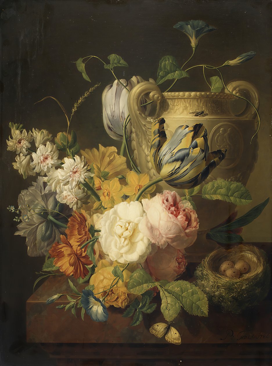 Blomster af en stenvase, 1786. af Peter Faes