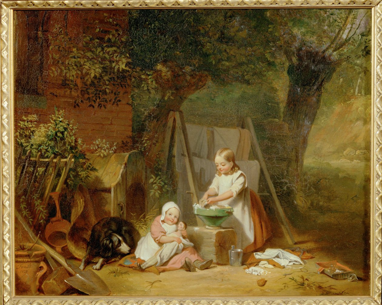 Die Puppenwaesche im Garten - Dukkevasketøj i haven ... (olie på træ) af Peter Fendi