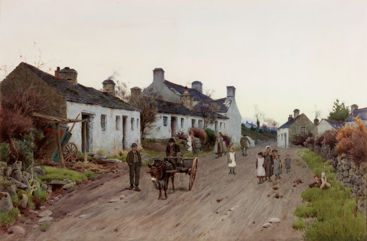 En walisisk landsby – aften, omkring 1890-1910 (akvarel og gouache) af Peter Ghent