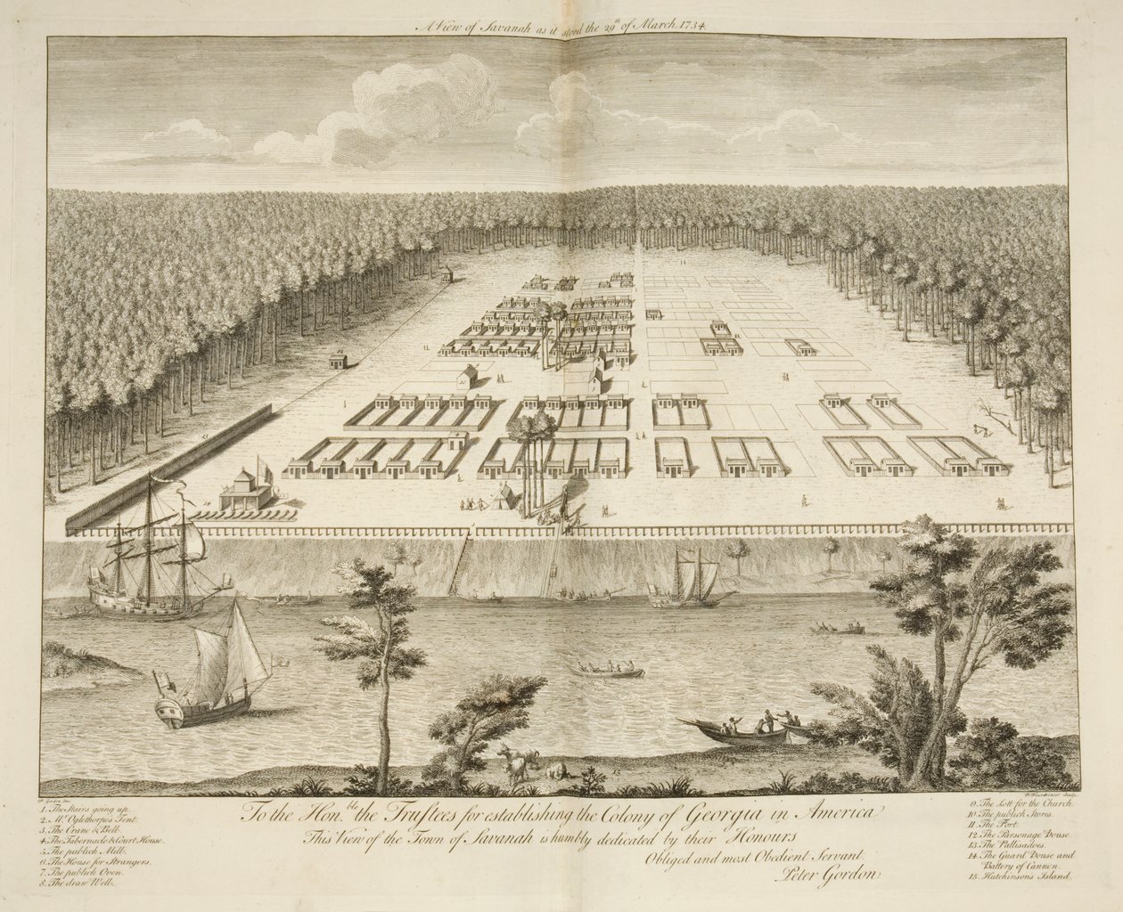 A View of Savannah, som den stod den 29. marts 1734, indgraveret af P. Fourdrinier, London, ca. 1735 (gravering) af Peter Gordon