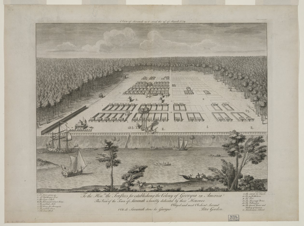 A View of Savannah, som den stod den 29. marts 1734, indgraveret af P. Fourdrinier, London, ca. 1735 (gravering) af Peter Gordon