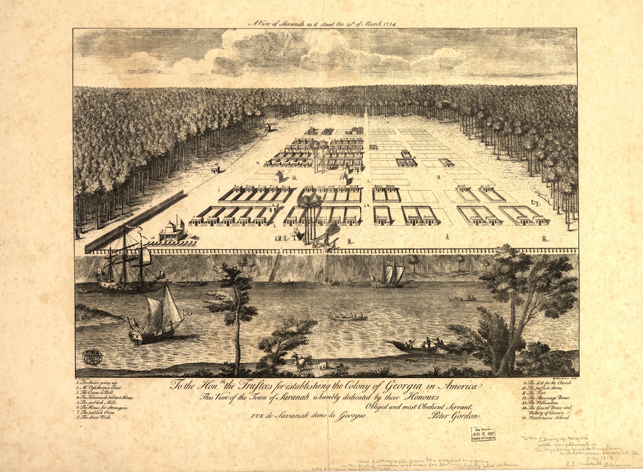 En udsigt over Savannah, som den så ud den 29. marts 1734. LOC 97683565 af Peter Gordon