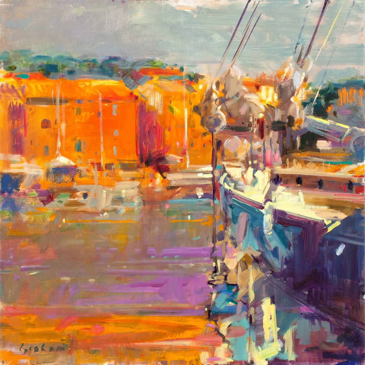 Kaj ved Saint-Tropez, 2021 (olie på lærred) af Peter Graham (Contemporary)
