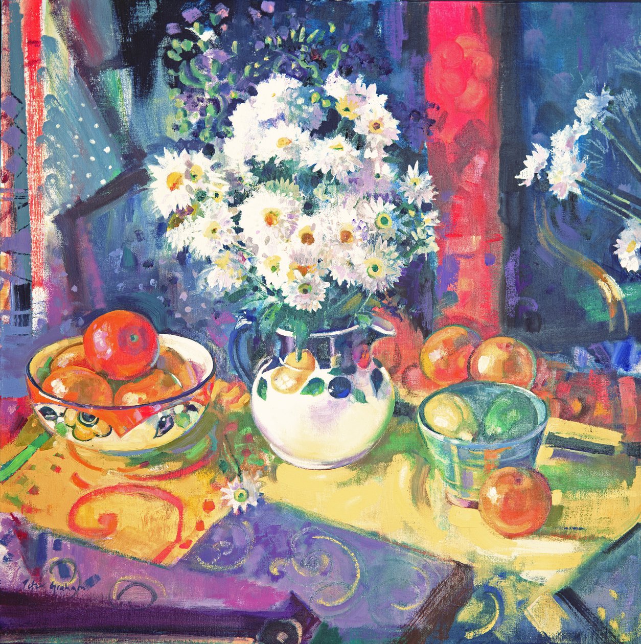 Blomster og frugt i en grøn skål, 1997 af Peter Graham (Contemporary)