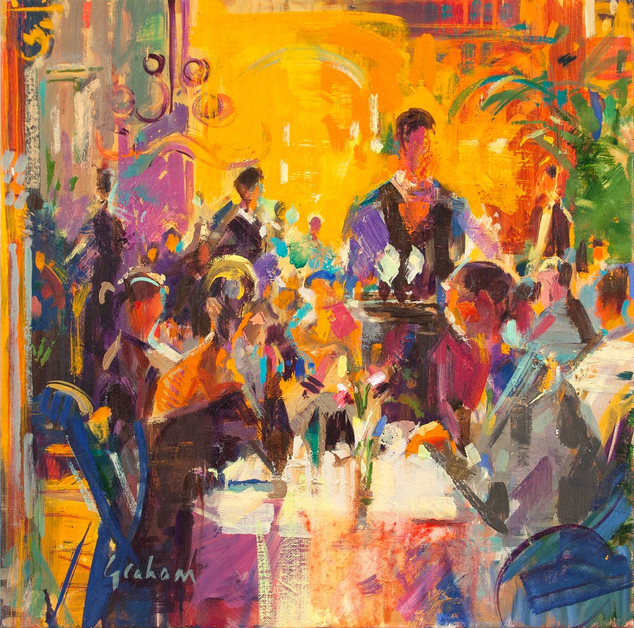 Frokost på Fortnum and Mason, 2020 (olie på lærred) af Peter Graham (Contemporary)