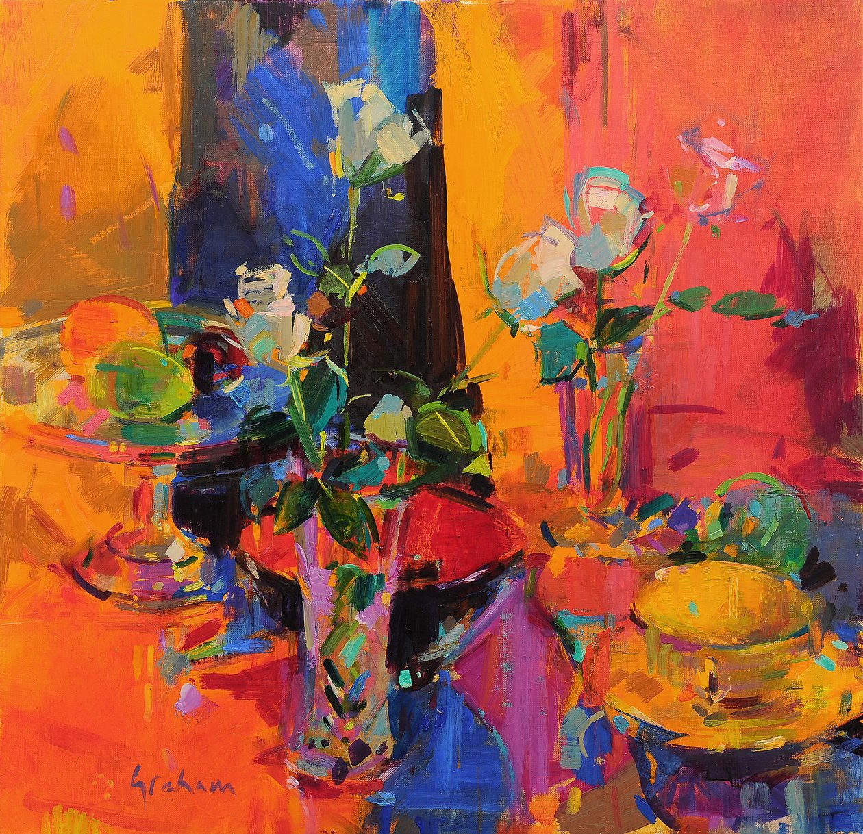 Stilleben bord med roser og frugt af Peter Graham (Contemporary)