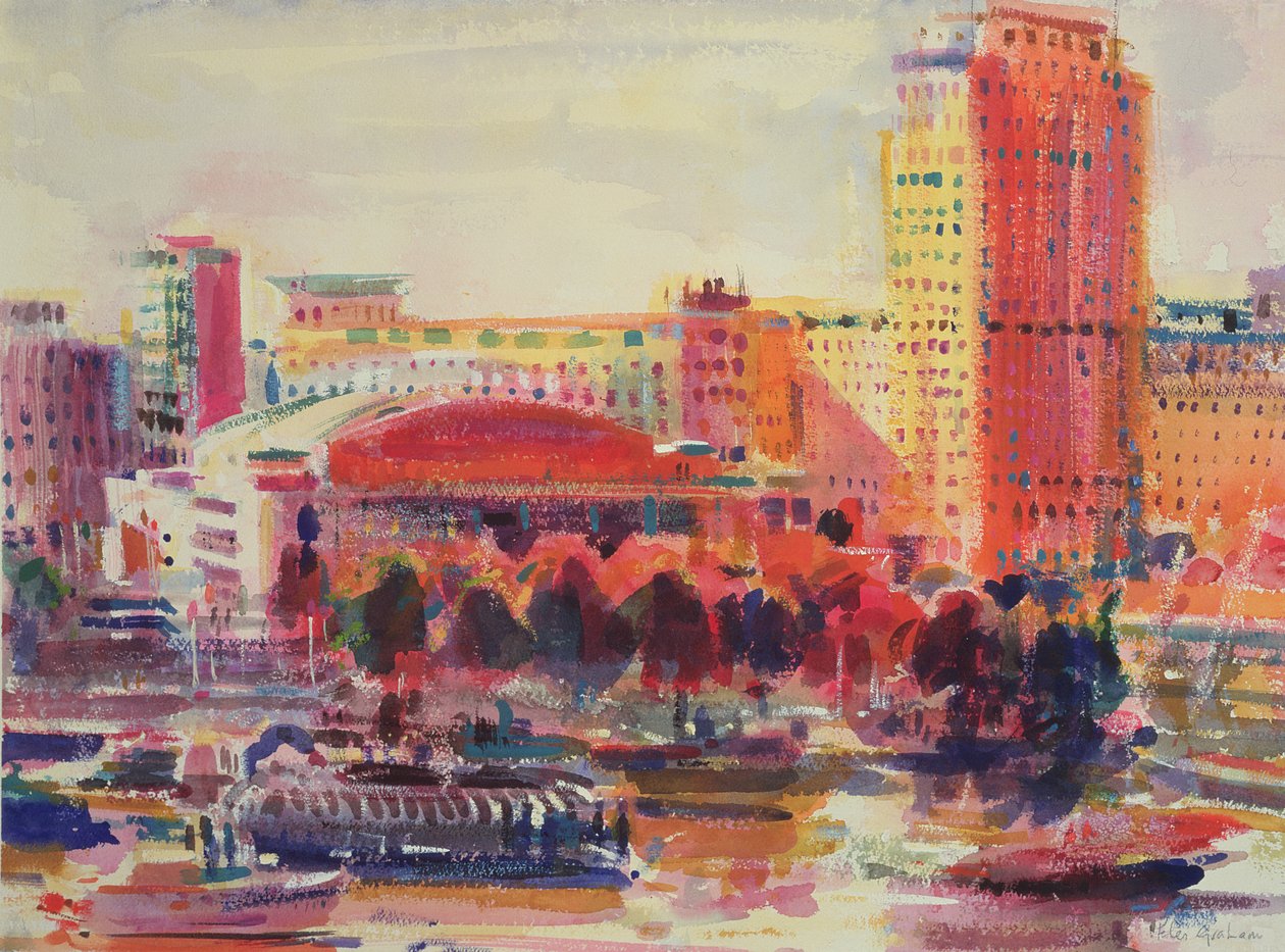 The South Bank, 2002 (wc på papir) af Peter Graham (Contemporary)