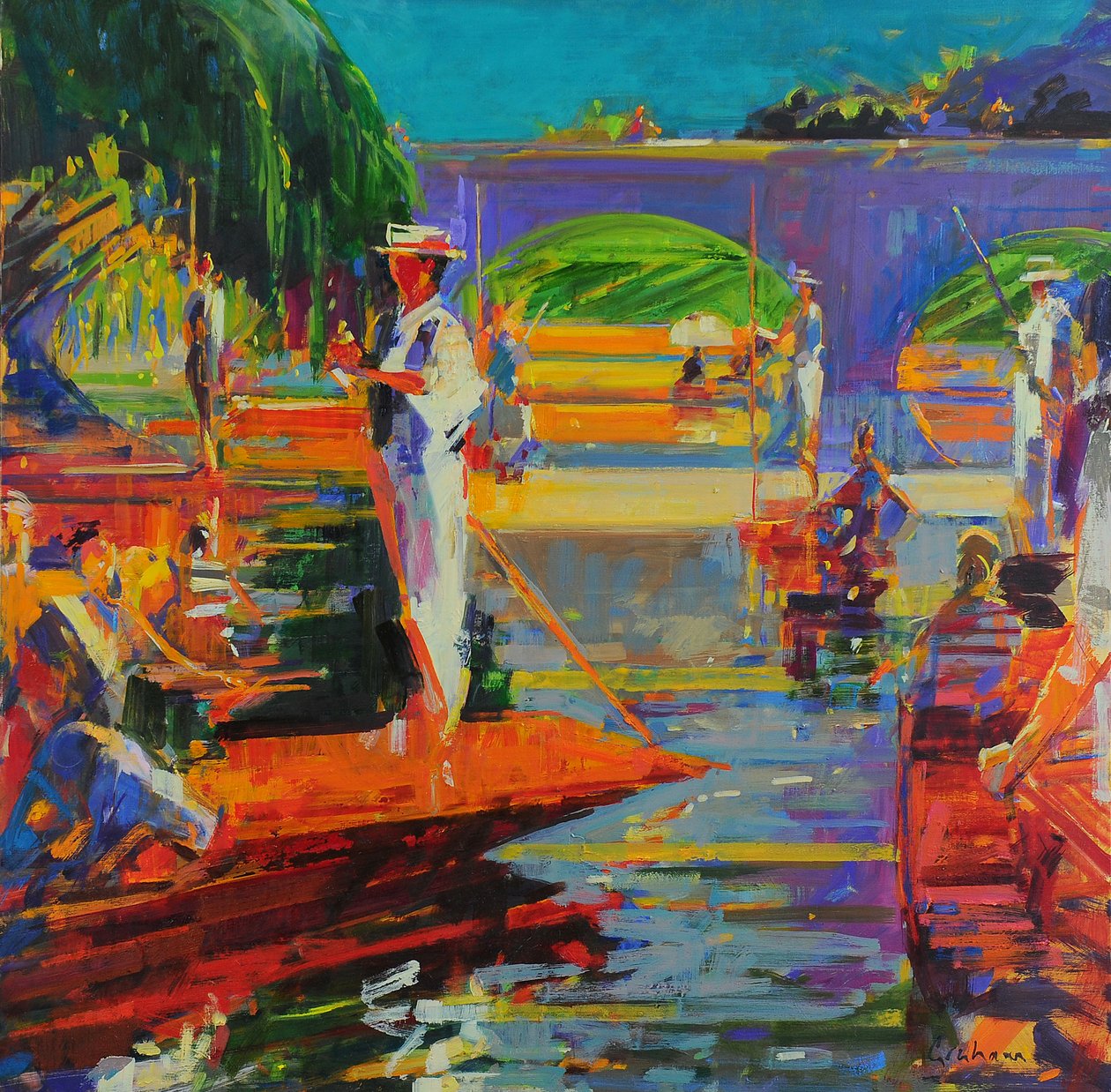 Boaters, Cambridge (olie på lærred) af Peter Graham