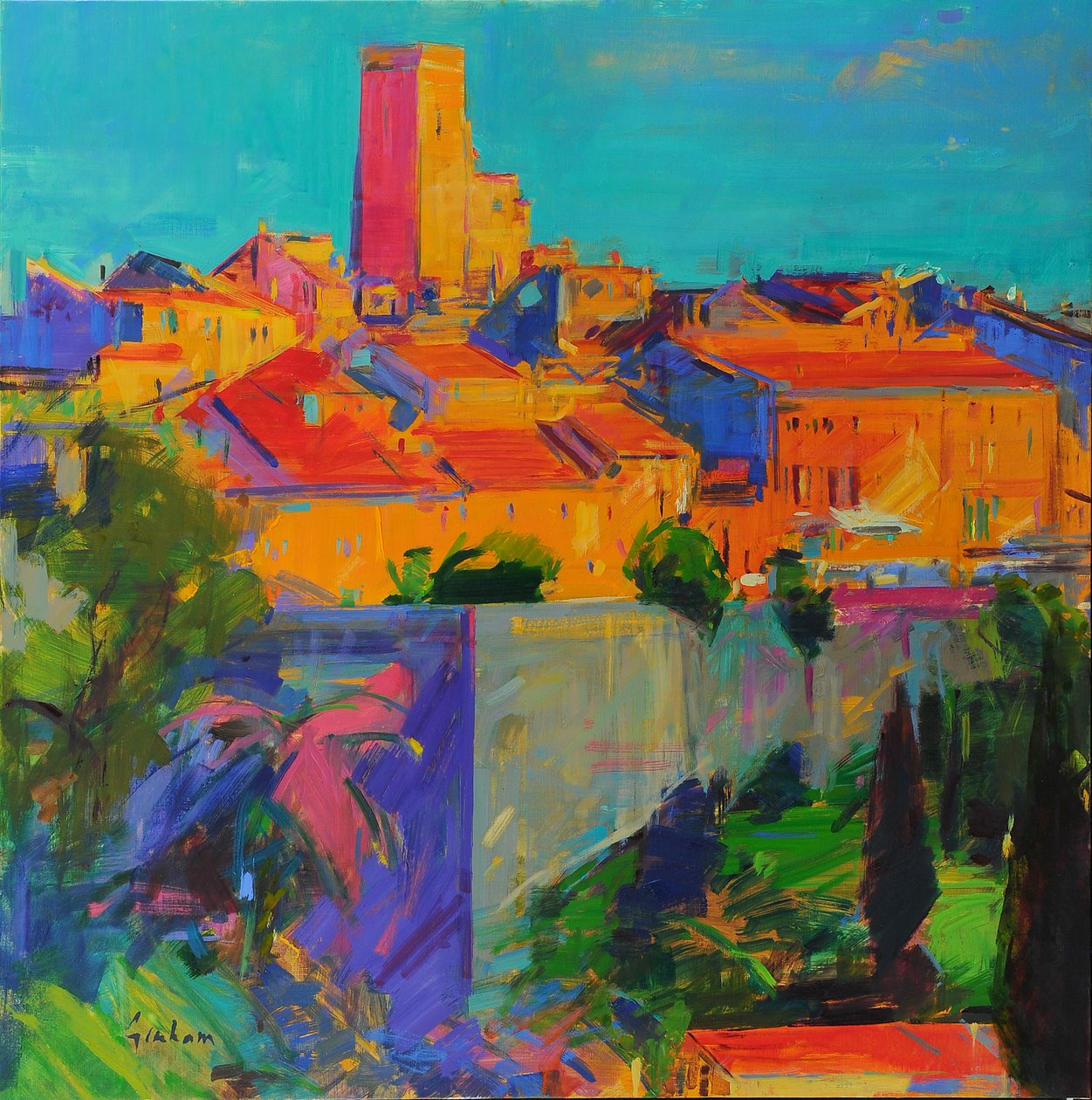 Saint-Paul de Vence, Golden Light, 2022 (olie på lærred) af Peter Graham