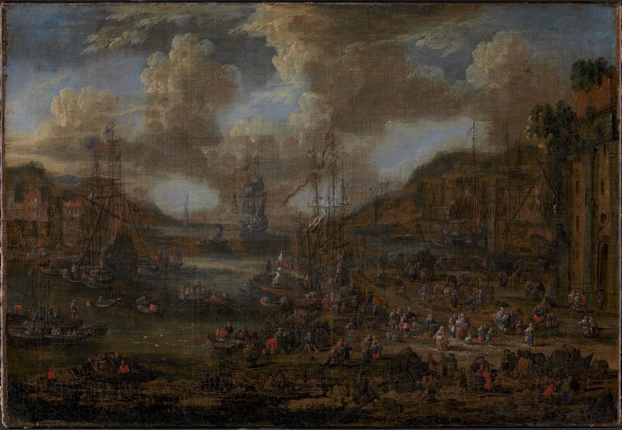 Southern Seaport med talrige figurer på kysten af Peter II Casteels