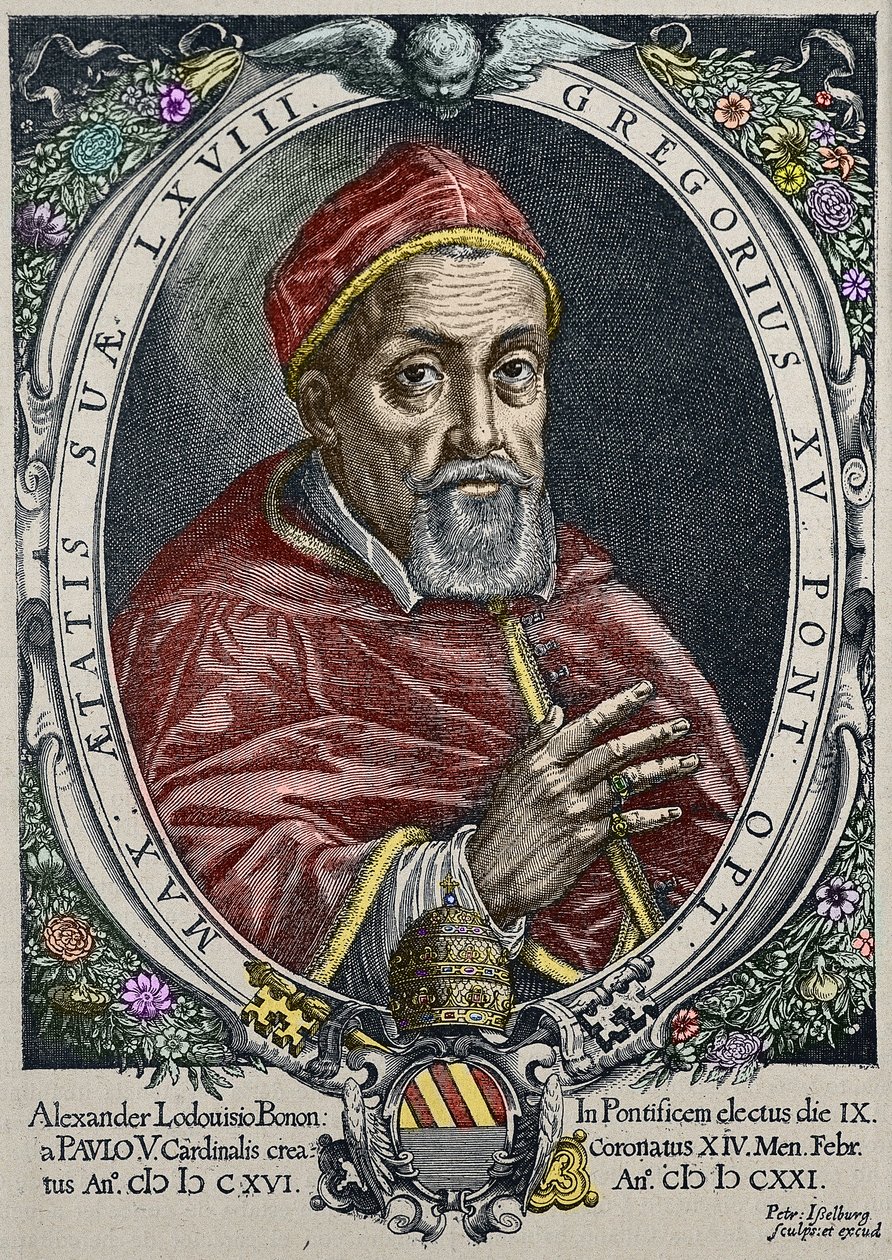 Repræsentation af pave Gregoire XV (Gregorio, Gregorius eller Gregorius) (1554-1623) Stik af Peter Isselburg - (Portræt af pave Gregor XV (1554-1623), stik af Peter Isselburg) Privat samling af Peter Isselburg