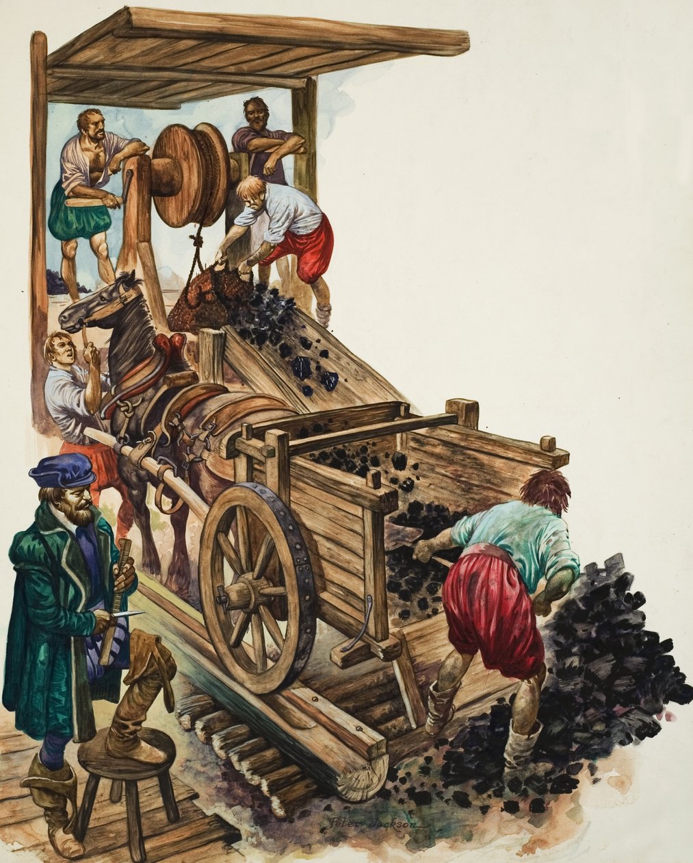 En tæller noterer, hvor mange læs kul der forlader minen, mens en minearbejder fylder en vogn, og andre hejser mere op til overfladen (gouache på papir) af Peter Jackson