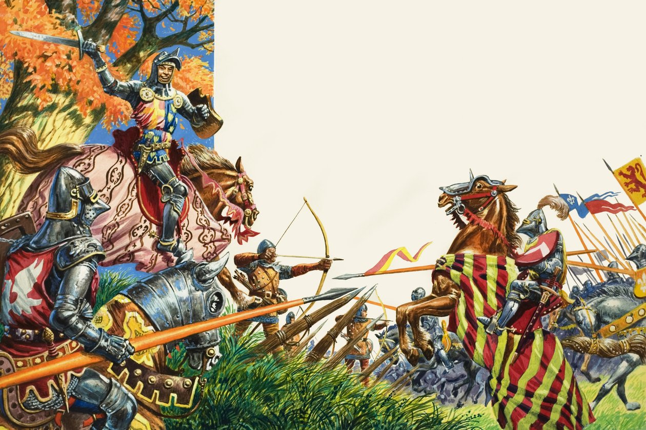 Slaget ved Agincourt i 1415 (gouache på papir) af Peter Jackson