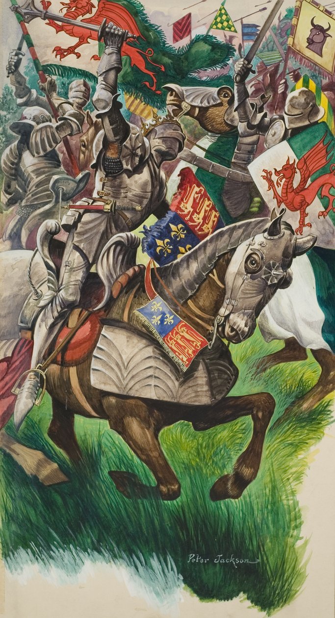 Kong Richard (1452-85) og Henry Tudor (1457-1509) på slagmarken ved Market Bosworth i 1485 (gouache på papir) af Peter Jackson
