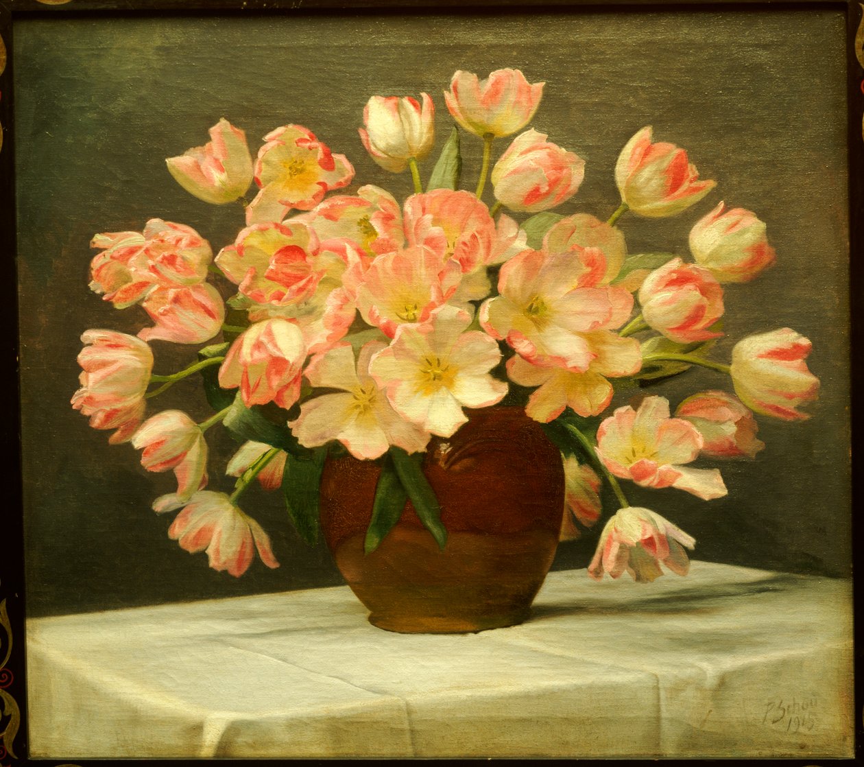 Tulipaner i en vase på et draperet bord af Peter Johan Schou