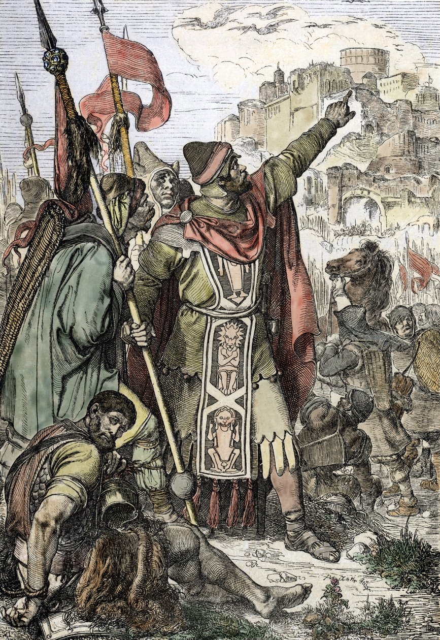 Barbarinvasion: "" Hunnernes konge Attila (406-453) pågrebet for at belejre byen Aquilee i Italien ser sammen med sine soldater af Peter Johann Nepomuck Geiger